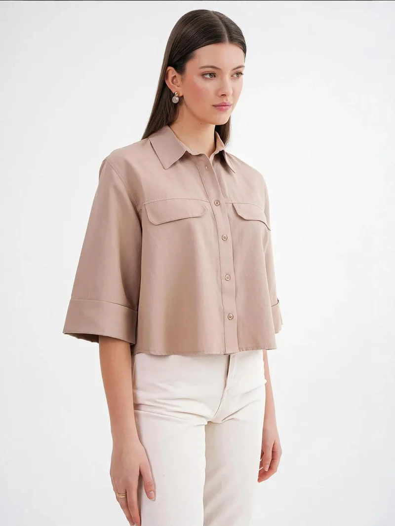 Mixray Camel Brown Mixray Short Sleeve Crop Poplin Shirt for Women | Best Price UAE