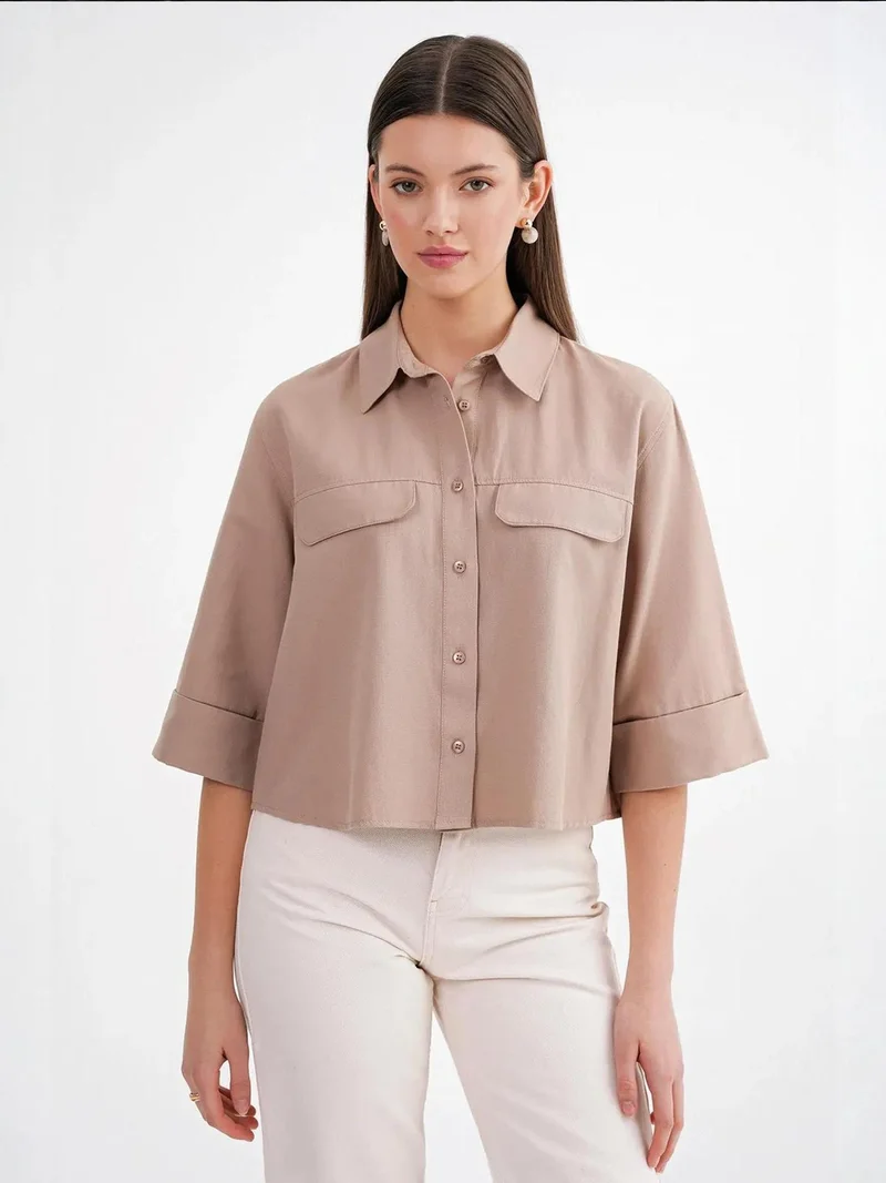 Mixray Camel Brown Mixray Short Sleeve Crop Poplin Shirt for Women | Best Price UAE