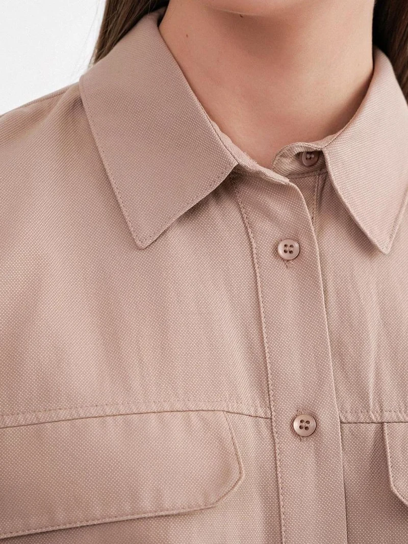 Mixray Camel Brown Mixray Short Sleeve Crop Poplin Shirt for Women | Best Price UAE