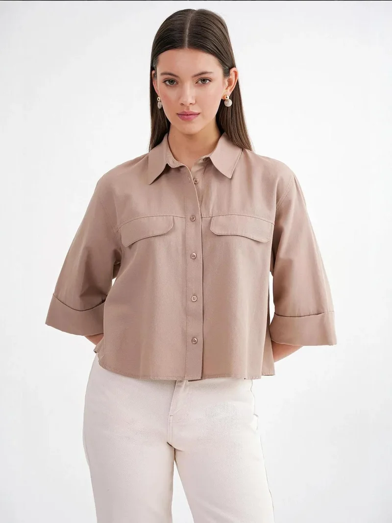 Mixray Camel Brown Mixray Short Sleeve Crop Poplin Shirt for Women | Best Price UAE