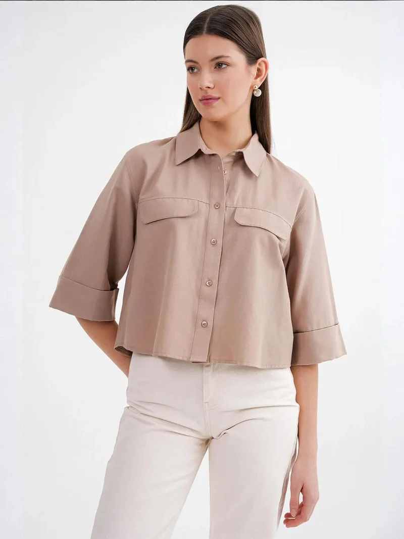 Mixray Camel Brown Mixray Short Sleeve Crop Poplin Shirt for Women | Best Price UAE