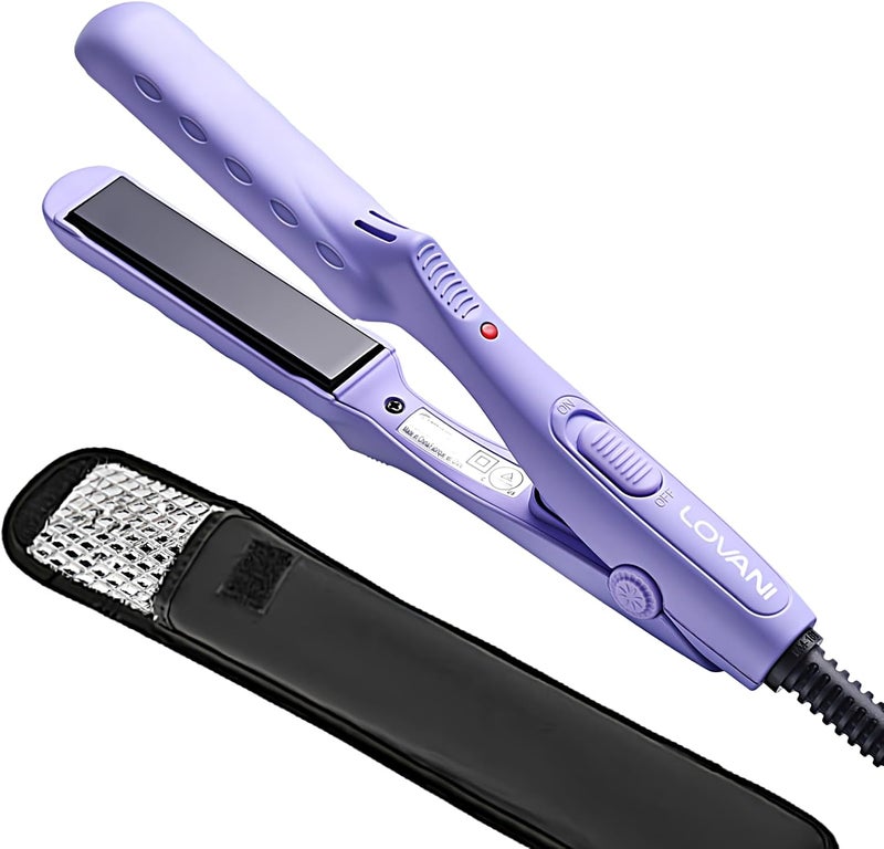 LOVANI Dual Voltage Travel Straightener Tourmaline Ceramic Small Straightener for Short Hair and Bangs Portable with Insulated Bag Purple