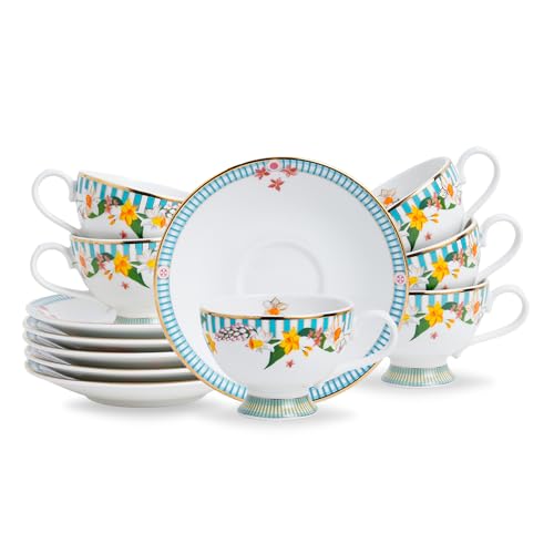 Shay Ceramic Tea Cup Saucer Set, Set of 6, Nargis | Cup Set for Tea | Glossy Finish (Cup Saucer Set of 6 - Nargis) - Image 1