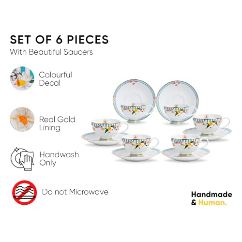 Shay Ceramic Tea Cup Saucer Set, Set of 6, Nargis | Cup Set for Tea | Glossy Finish (Cup Saucer Set of 6 - Nargis) - Image 2
