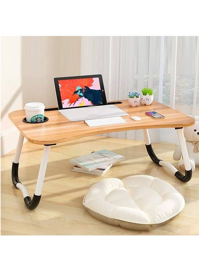 ترابيزة لاب توب محمولة بارجل قابلة للطي وفتحة لحمل التابلت والنوت بوك وفتحة للكوباية، متعددة الاستخدامات، مناسبة للقراءة والاكل - لون خشبي - Image 1