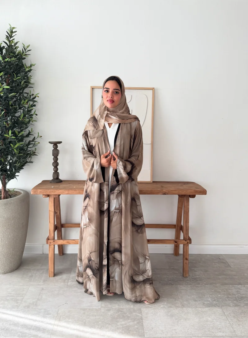 Lusin Abaya Indian Chiffon Abaya with Smoky Wave Print – Beige Mocha