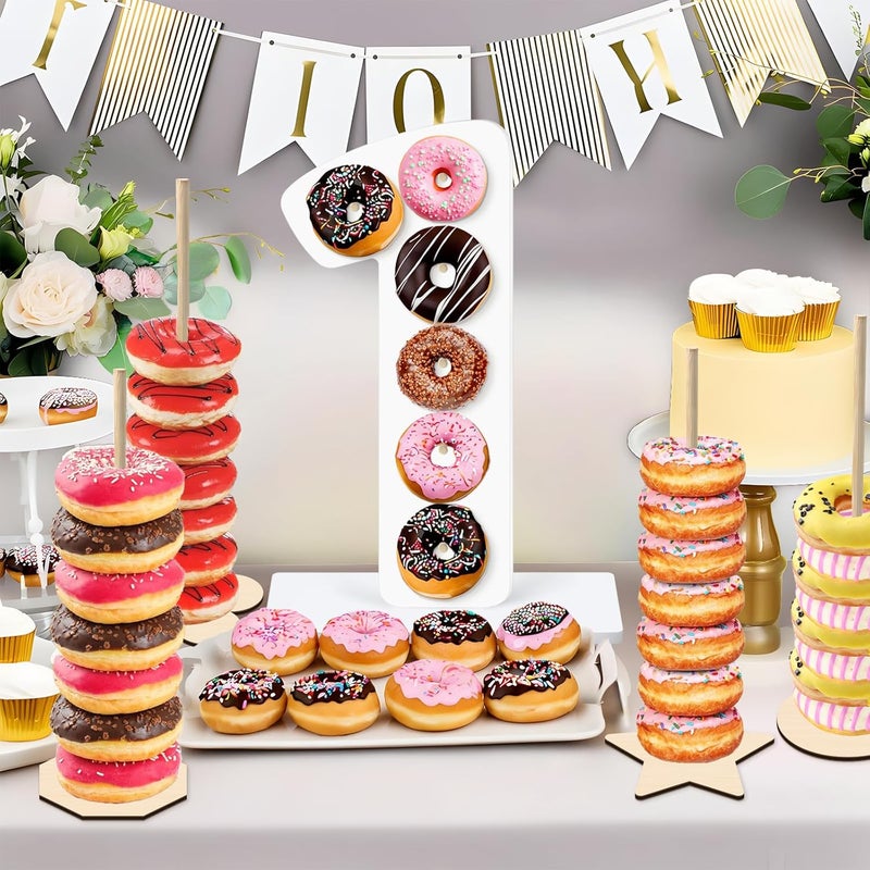 soleim 5 Pcs Donut Stand Set, Doughnut Party Supplies Include 1 Pc Digit Donut Wall Display Stand, 4 Pcs Doughnut Wall, for Birthday Wedding Baby Shower Party (White number 1) - Image 5