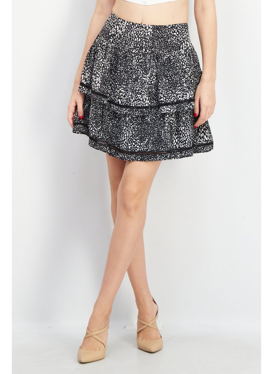 EDC Women Allover Print Ruffle Mini Skirt, Black  - Image 1