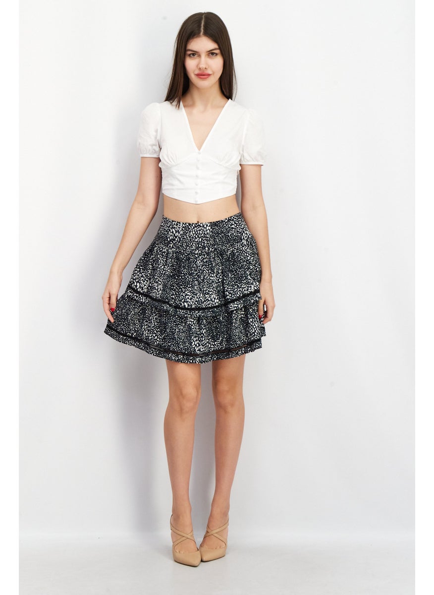 EDC Women Allover Print Ruffle Mini Skirt, Black  - Image 3