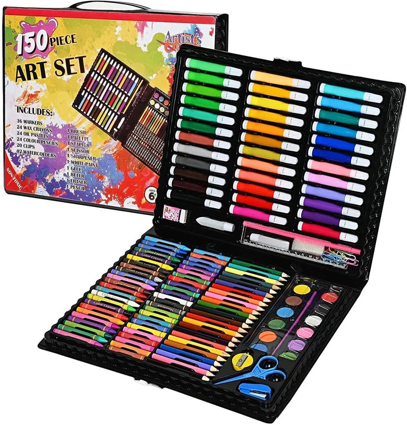 Parssufy 150 Pieces Art Set for Kids with Case, Art and Craft Supplies Kit for Drawing and Painting, Color Set with Markers, Water Colors, Brush, Color Pencils, Crayons (150 pcs black) - Image 1