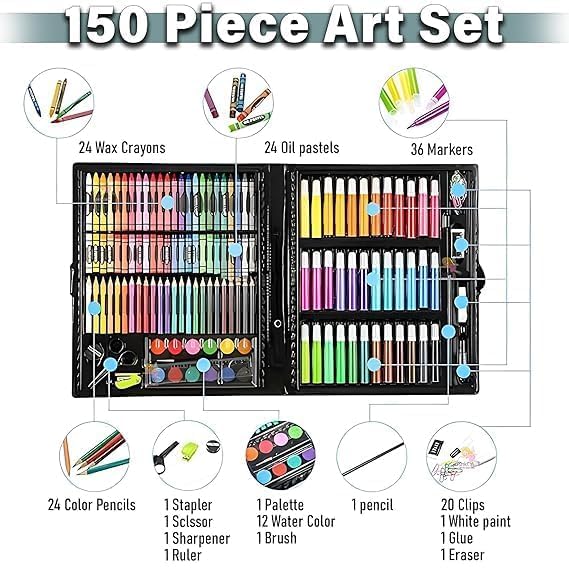 Parssufy 150 Pieces Art Set for Kids with Case, Art and Craft Supplies Kit for Drawing and Painting, Color Set with Markers, Water Colors, Brush, Color Pencils, Crayons (150 pcs black) - Image 4