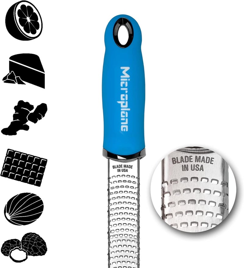 Microplane Zester Grater in Neon Blue for Citrus Fruits, Hard Cheese, Ginger, Chocolate and Nutmeg with Fine Stainless Steel Blade - Made in USA - Image 1