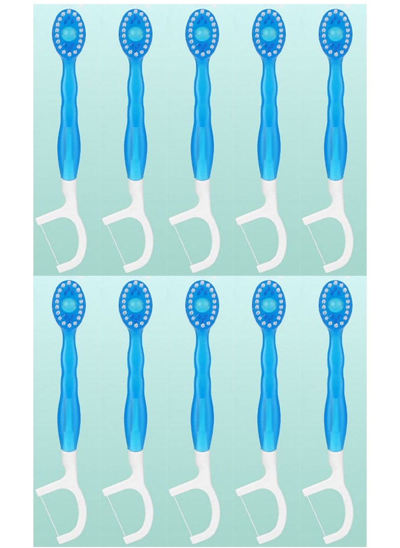 XIYU - 10 Pcs 5-in-1 Mint Disposable Toothbrushes Travel Toothbrush Oral Care with Floss Tongue Scraper Toothbrush, Tooth Flossing Inter Dental Brush with Toothpaste, Dental Floss Picks - Image 1