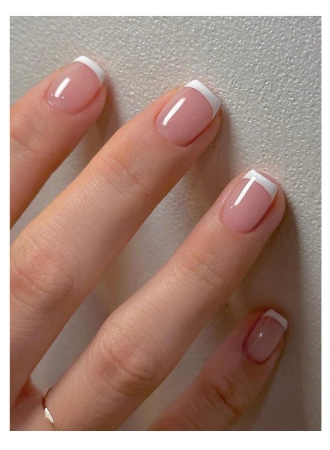 24-piece medium square cream French press-on nails with adhesive tabs and mini file - Image 1