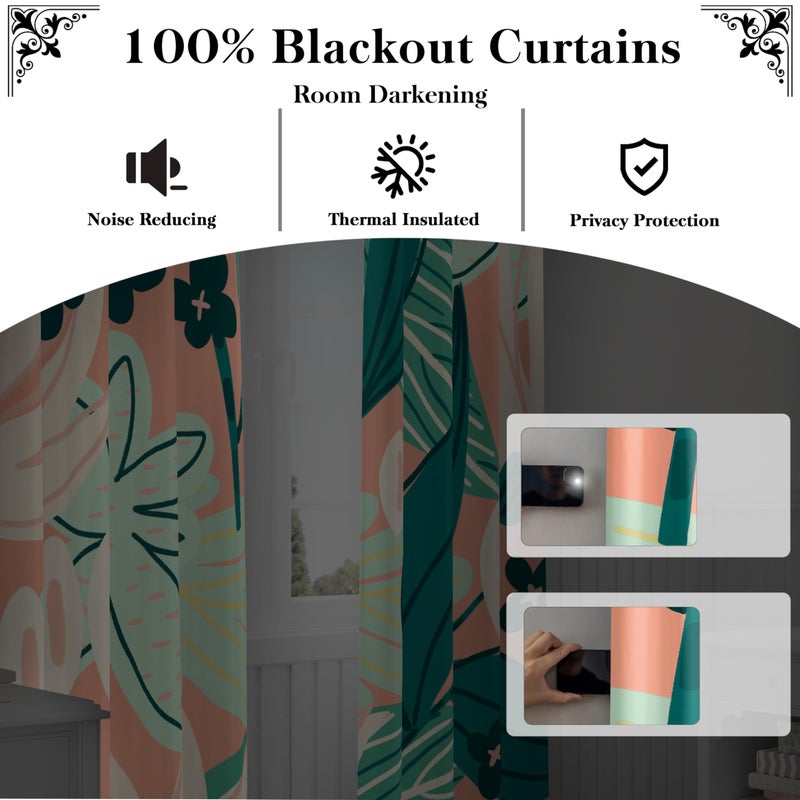 Tyrot 100% Blackout Boho Floral Curtains fo Bedroom 84 inch Long 2 Panels Summer Tropical Botanical Black Out Curtains for Living Room Grommet Thermal Insulated Room Darkening Window Drapes - Image 3
