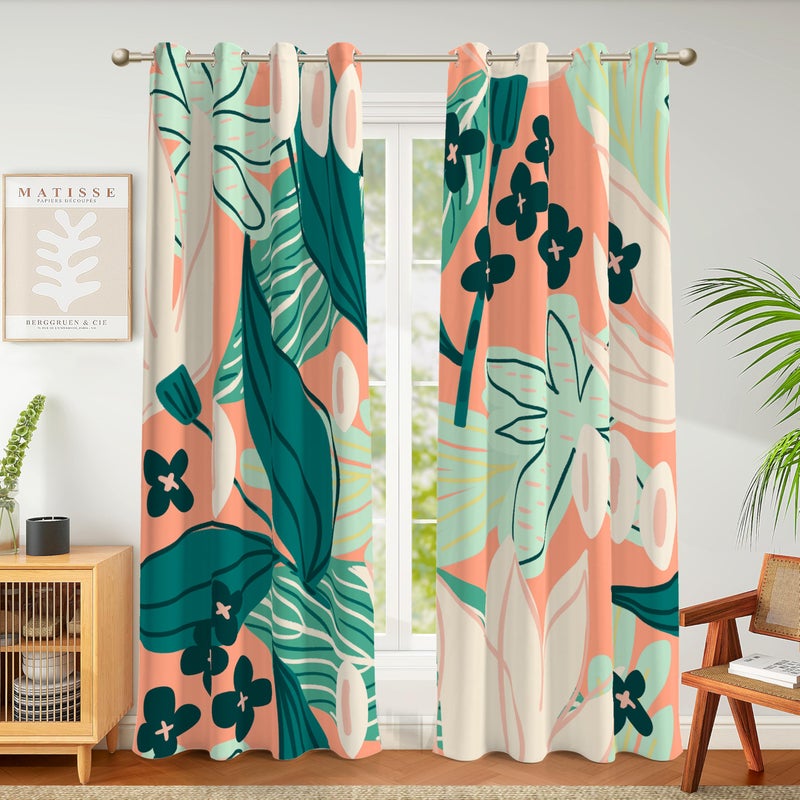 Tyrot 100% Blackout Boho Floral Curtains fo Bedroom 84 inch Long 2 Panels Summer Tropical Botanical Black Out Curtains for Living Room Grommet Thermal Insulated Room Darkening Window Drapes - Image 1