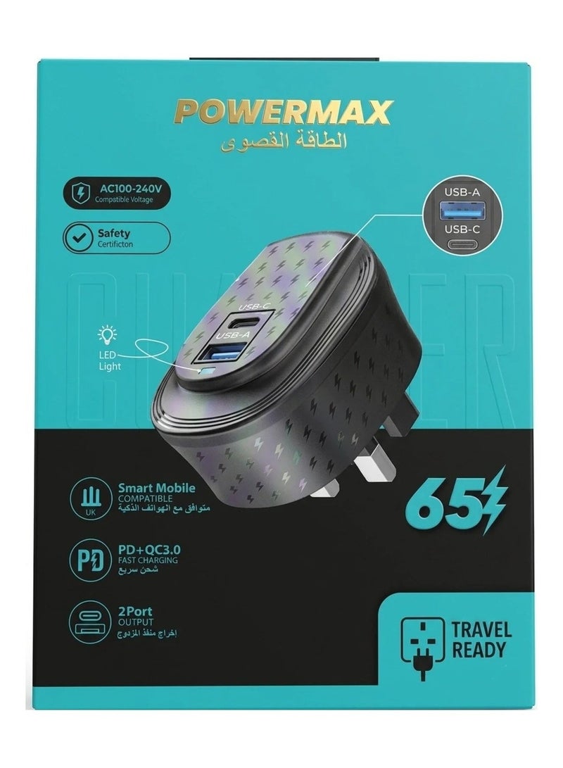 Power Max MX17 65W Dual Port Fast Wall Charger - Iridescent Edition with PD & QC3.0 Fast Charging - Black - Image 2