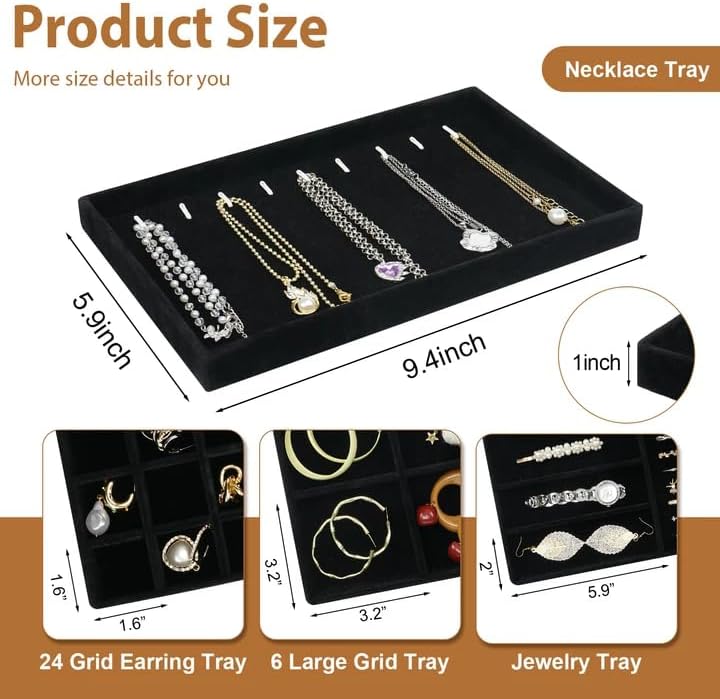 Cirhy 4 Stackable Jewelry Trays Organizer Set for Drawer, Jewelry Organizers and Display Case Storage, Velvet Drawer Inserts Organizer for Necklace Bracelets Earrings Organizer, Gift For Her, Black - Image 2