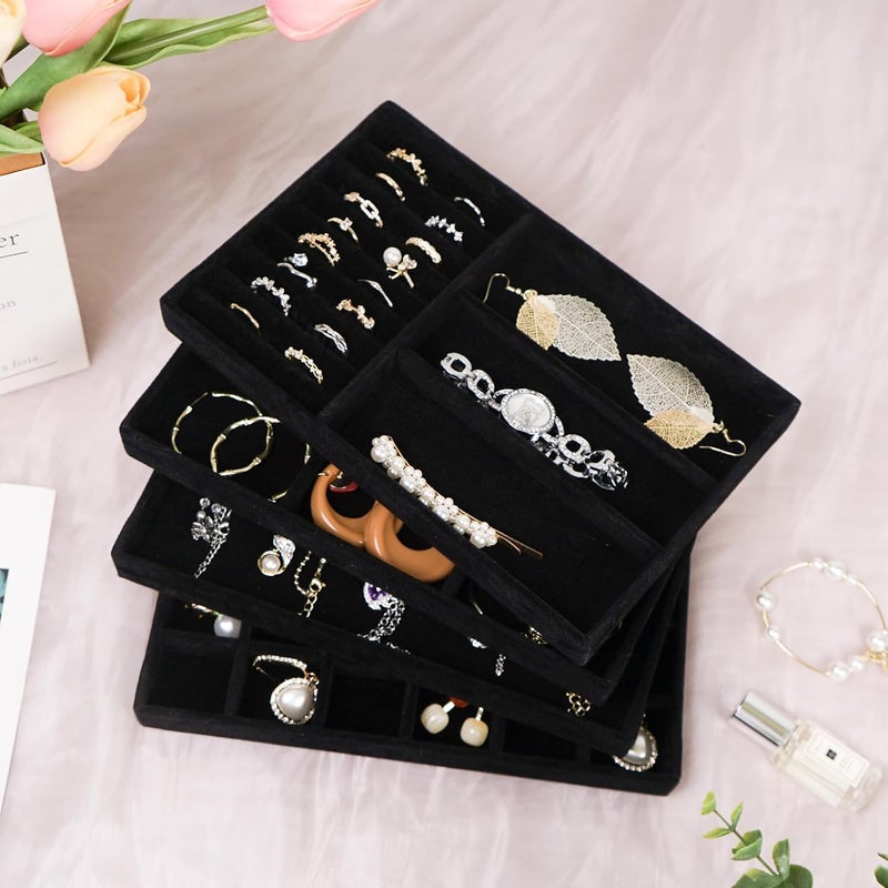 Cirhy 4 Stackable Jewelry Trays Organizer Set for Drawer, Jewelry Organizers and Display Case Storage, Velvet Drawer Inserts Organizer for Necklace Bracelets Earrings Organizer, Gift For Her, Black - Image 4