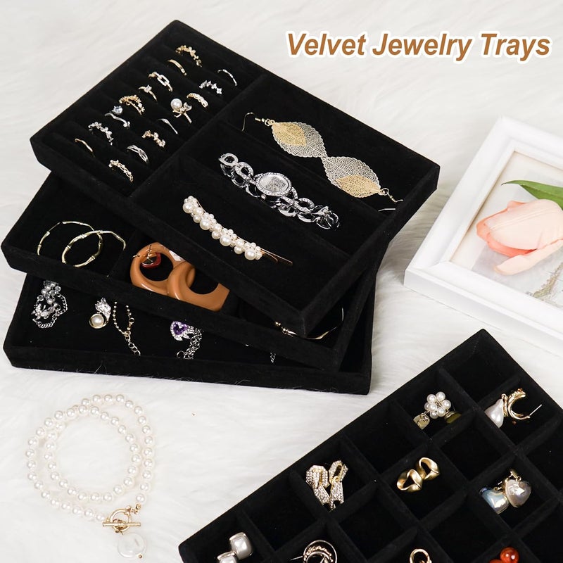 Cirhy 4 Stackable Jewelry Trays Organizer Set for Drawer, Jewelry Organizers and Display Case Storage, Velvet Drawer Inserts Organizer for Necklace Bracelets Earrings Organizer, Gift For Her, Black - Image 5