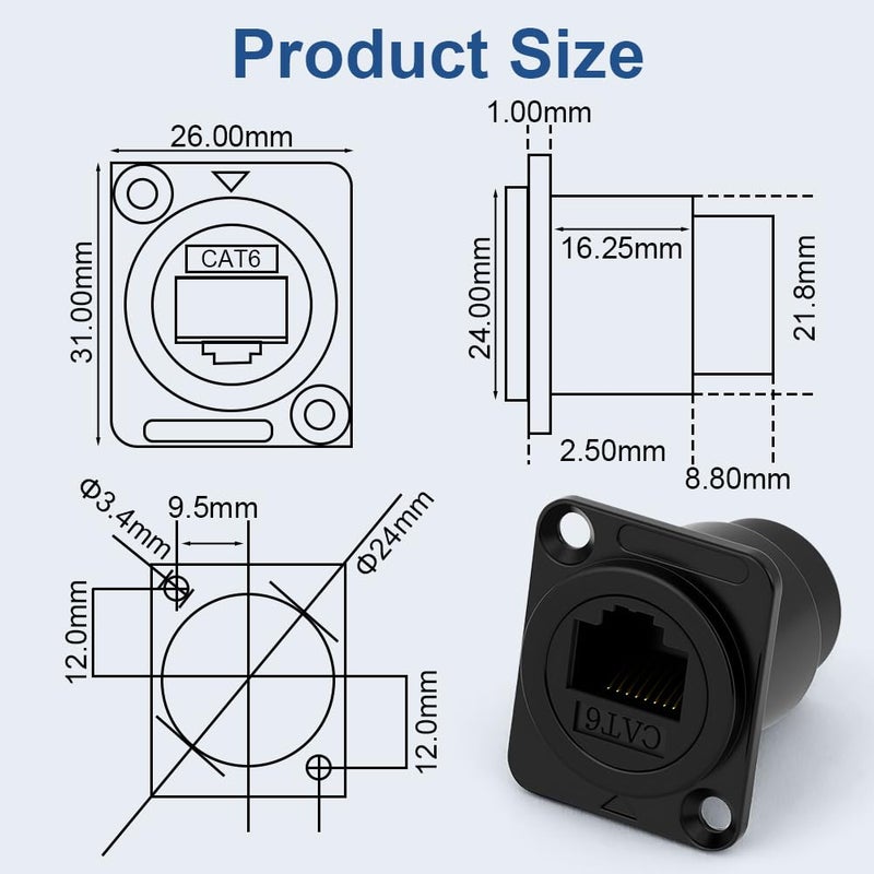 OFFCUP RJ45 CAT6 Connector for Panel Mount, 2Pcs Recessed Socket, Pass-Through Connector, Female-Female, Compatible Cat6A/CAT6/CAT5E - Image 2