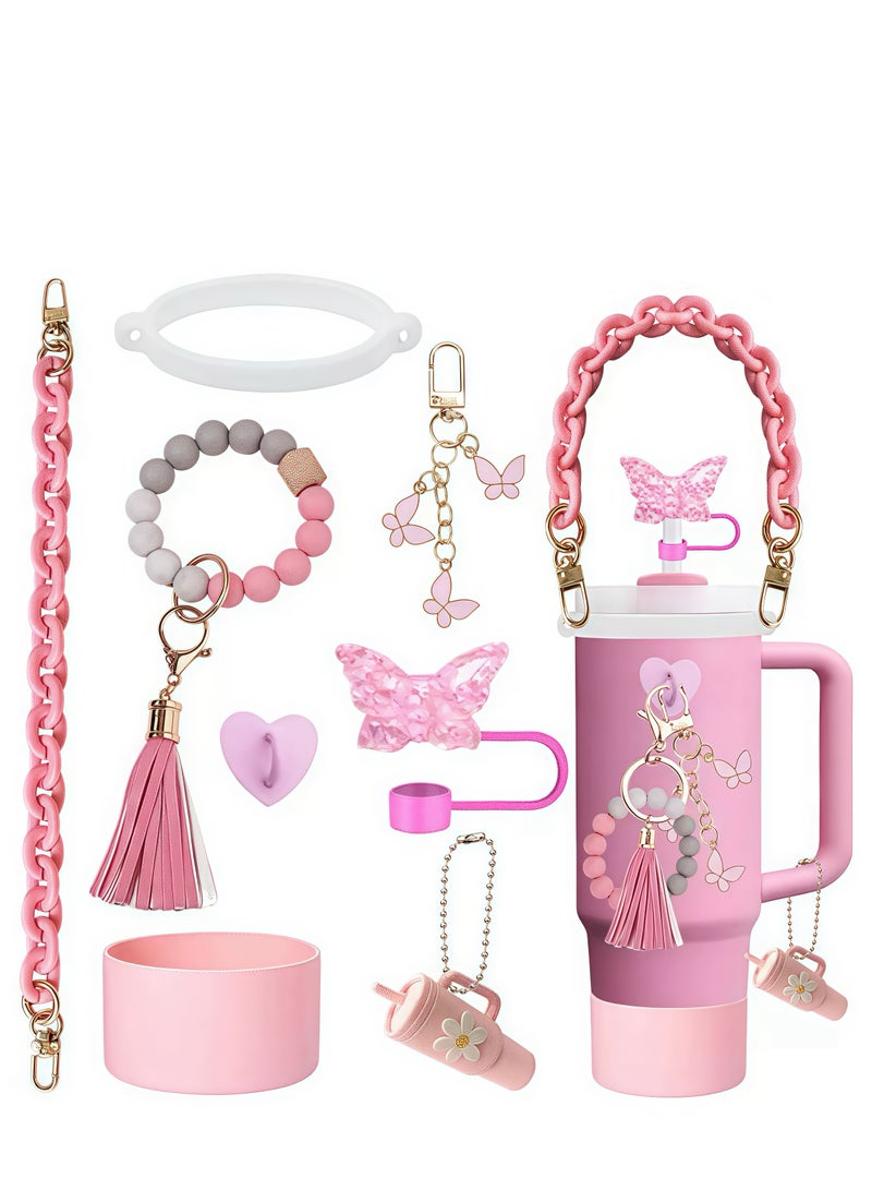 JOSQUEWNN Accessories Set for Stanley Cup 40 oz Tumbler: Tassel Bead Pendant, Charm Bracelet, Key chain, Resin Straw, Dust Cover, Leak-Proof Drinking Straw Cover, Stylish and Practical Drink ware Accessories,Pink.  - Image 1