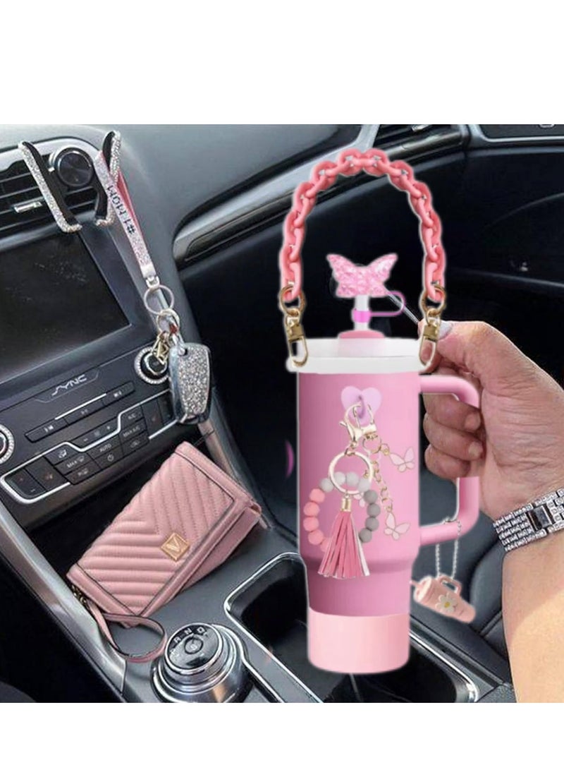 JOSQUEWNN Accessories Set for Stanley Cup 40 oz Tumbler: Tassel Bead Pendant, Charm Bracelet, Key chain, Resin Straw, Dust Cover, Leak-Proof Drinking Straw Cover, Stylish and Practical Drink ware Accessories,Pink.  - Image 2