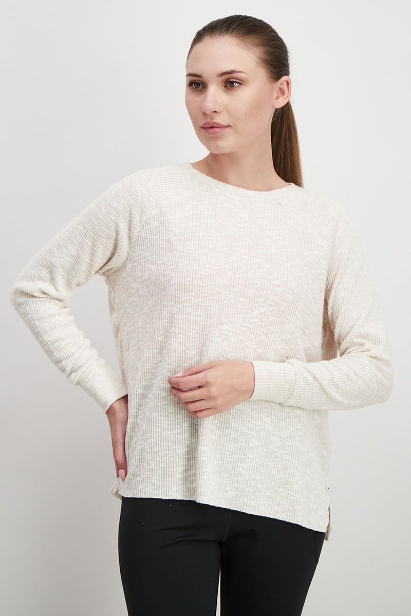 UNDIZ Women Crew Neck Long Sleeve Textured Top, Beige - Image 1