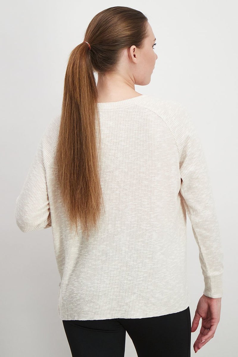 UNDIZ Women Crew Neck Long Sleeve Textured Top, Beige - Image 2