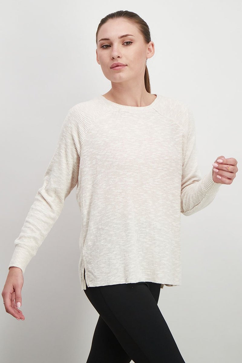 UNDIZ Women Crew Neck Long Sleeve Textured Top, Beige - Image 3