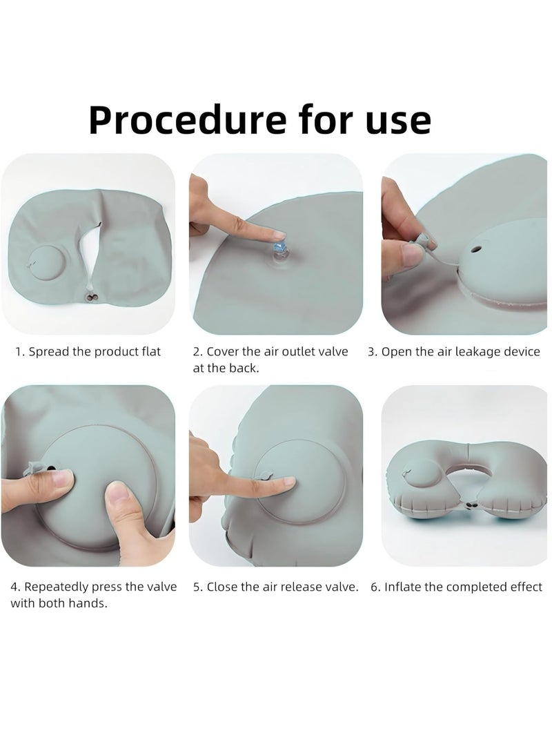 وسادة السفر ، الضغط على نفخ وسادة الطائرة ، وسادات الرقبة القابلة للطي للسفر ، وسادة الرقبة المحمولة للرحلة الطويلة ، السفر ، المكتب ، التخييم ، الرمادي. - Image 3