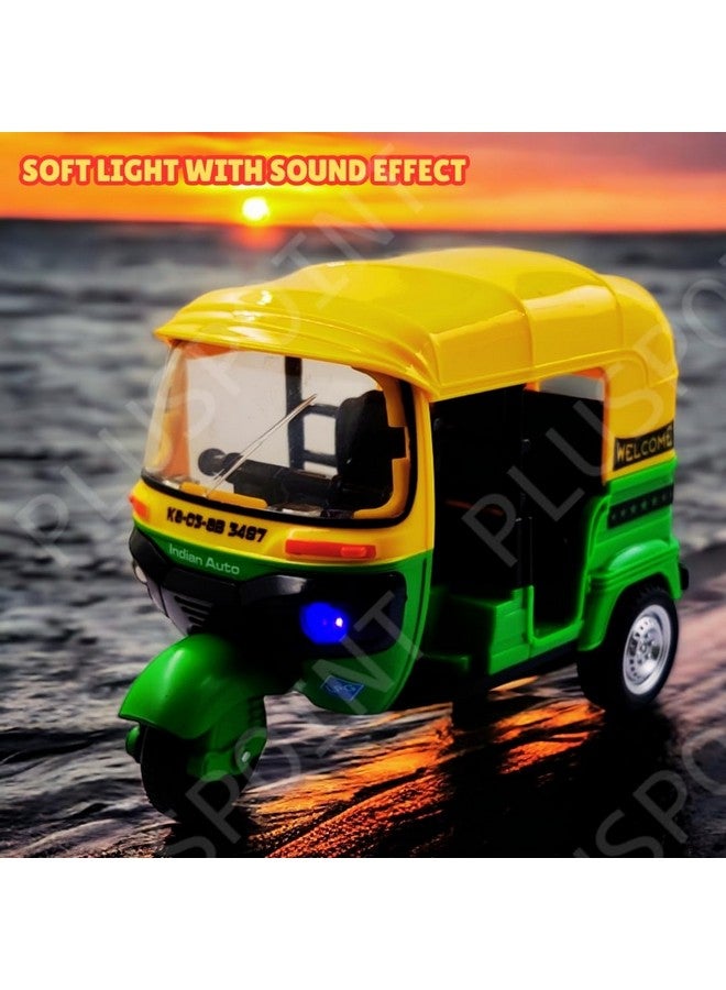 PLUSPOINT Auto Rickshaw Toy,with Pull Back Action City Traffic Vehicles Public Transport Toy with Light and Sound for Aged 3 4 5 6 Boys and Girls,Kids Party Favors Gifts (Green) - Image 2