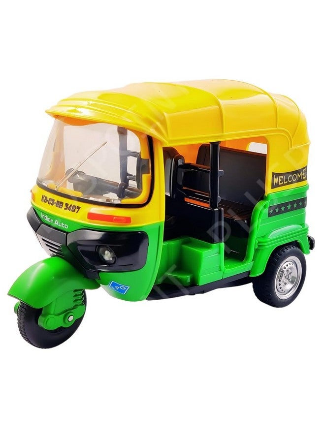PLUSPOINT Auto Rickshaw Toy,with Pull Back Action City Traffic Vehicles Public Transport Toy with Light and Sound for Aged 3 4 5 6 Boys and Girls,Kids Party Favors Gifts (Green) - Image 1
