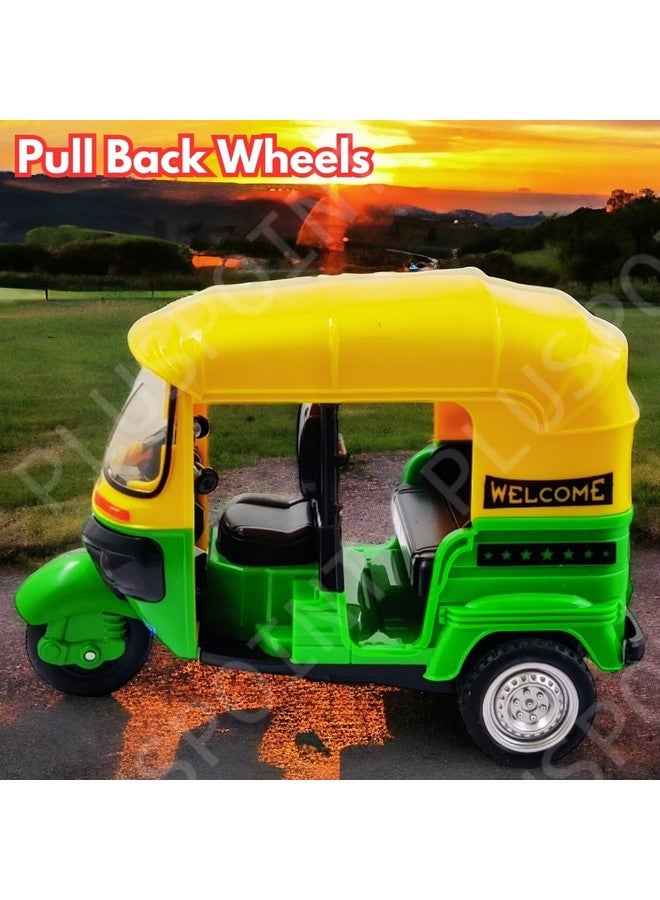 PLUSPOINT Auto Rickshaw Toy,with Pull Back Action City Traffic Vehicles Public Transport Toy with Light and Sound for Aged 3 4 5 6 Boys and Girls,Kids Party Favors Gifts (Green) - Image 3