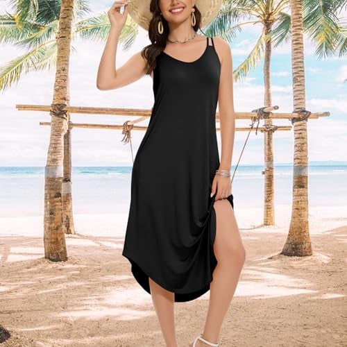 JOYSHAPER Built in Bra Summer Maxi Dresses Casual Sundress Beach Dress Vacation Dress with Pockets Pure Black - Image 3