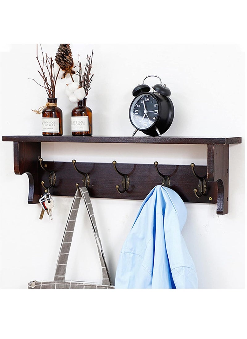 Arabest - Wall Hooks with Shelf,Wood Coat Rack with Shelf Wall-Mounted,Entryway Hanging Shelf with 5 Metal Hooks,for Bathroom, Mudroom,Bedroom (Nut-brown) - Image 1