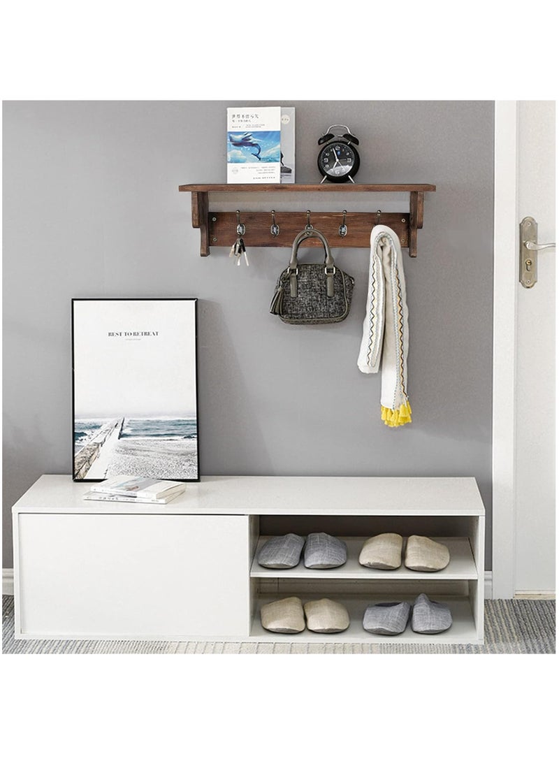 Arabest - Wall Hooks with Shelf,Wood Coat Rack with Shelf Wall-Mounted,Entryway Hanging Shelf with 5 Metal Hooks,for Bathroom, Mudroom,Bedroom (Nut-brown) - Image 1