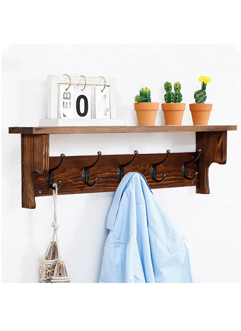Arabest - Wall Hooks with Shelf,Wood Coat Rack with Shelf Wall-Mounted,Entryway Hanging Shelf with 5 Metal Hooks,for Bathroom, Mudroom,Bedroom (Nut-brown) - Image 1