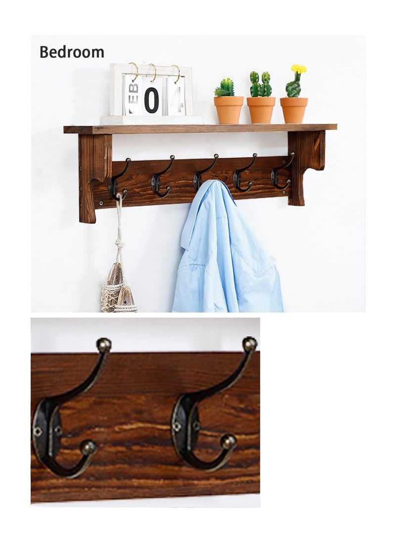 Arabest - Wall Hooks with Shelf,Wood Coat Rack with Shelf Wall-Mounted,Entryway Hanging Shelf with 5 Metal Hooks,for Bathroom, Mudroom,Bedroom (Nut-brown) - Image 1