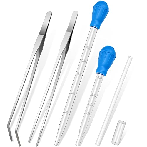 Liveek 5 in 1 Aquarium Coral Feeder Kit, Luxiv 2 Pcs 60ml and 30ml Aquatic Reef Feeding Dropper with 10in Extender Pipe, 2 Pcs Stainless Steel Straight and Curved Aquarium Tweezers for Feeding Tong (Silver) - Image 1