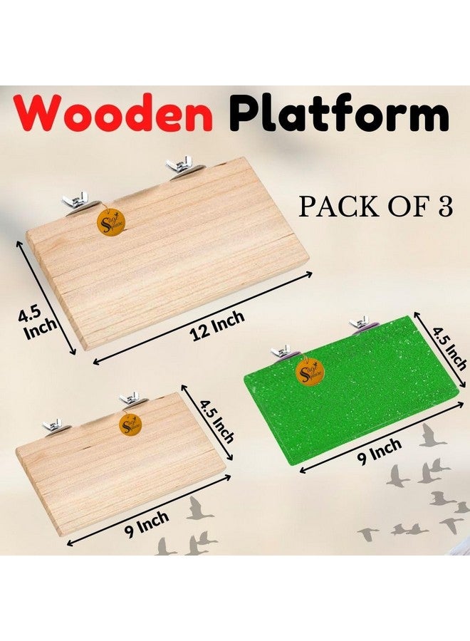 سايج سكوير منصة رمل خشبية مصنوعة من الخشب الطبيعي، مجموعة من ثلاثة (9*4.5، 12*4.5 ورمل 9*4.5 بوصة) حامل مجثم على شكل مستطيل، ملحقات القفص، لعبة، مناسبة للطيور والببغاوات والبادجي - Image 2