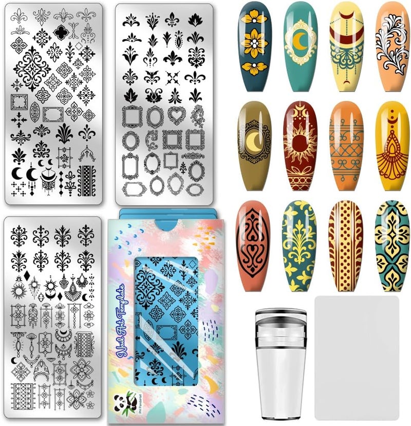 PH PandaHall 3pcs Vintage Decorative Pattern Nail Stamp Plate Vintage Picture Frame Flower Print Art Template Stainless Steel Nail Image Plate Set for Women DIY Printing Decor 12x6cm