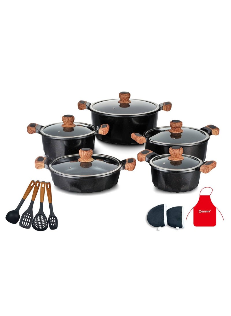 DESSINI 17Piece Non Stick Granite Cookware Set 20/24/28/32Cm Casserole, 28Cm Shallow Casserole- PFOA Free - 2020 black 