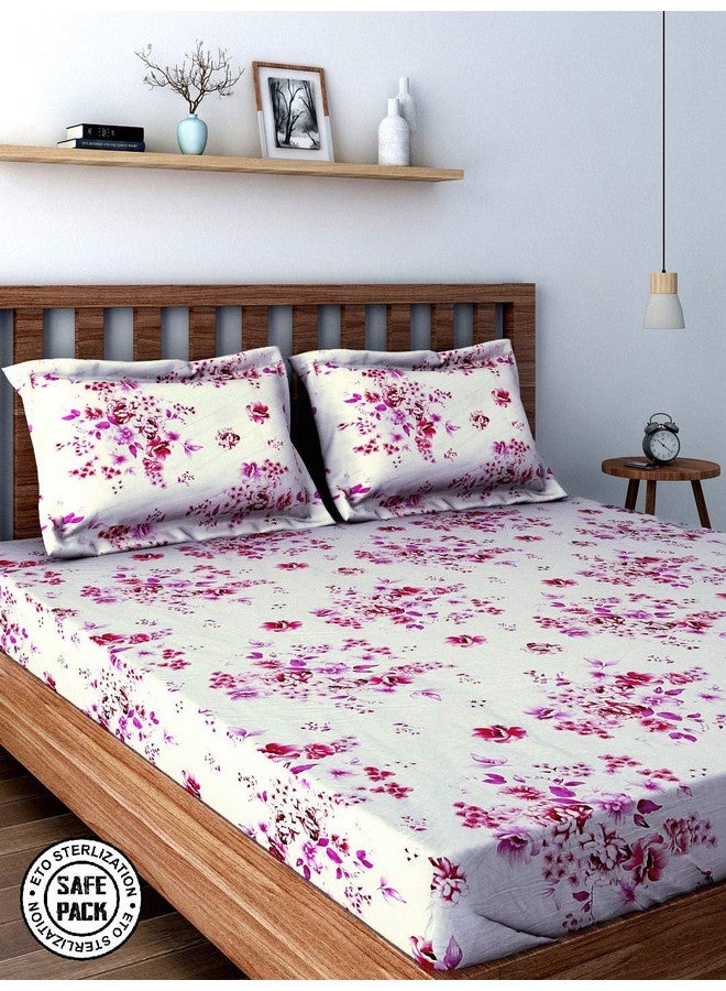 Swayam Swayam Veda Collection Premium Cotton 160 TC Floral Print Cotton Double Bed Sheet with 2 Pillow Cover - Off White/Magenta  - Image 1