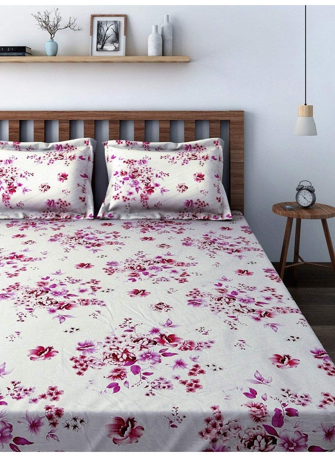 Swayam Swayam Veda Collection Premium Cotton 160 TC Floral Print Cotton Double Bed Sheet with 2 Pillow Cover - Off White/Magenta  - Image 2