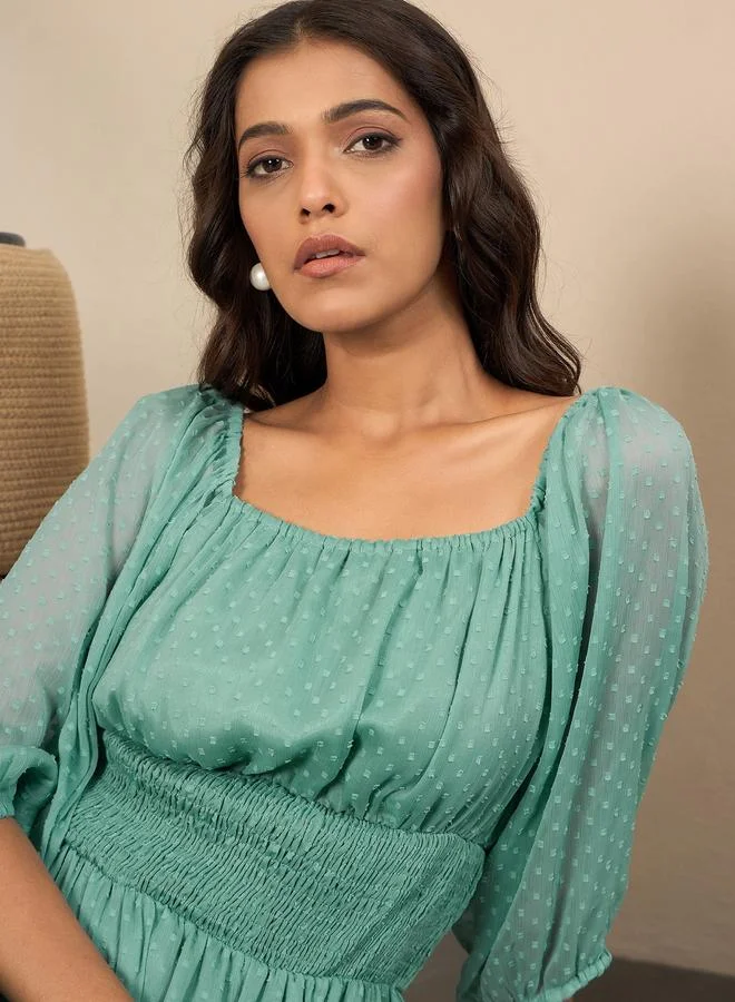 StyleStone  Stylestone Green Smocked Detail Balloon Sleeve Tiered Midi Dress for Women | Best Price UAE