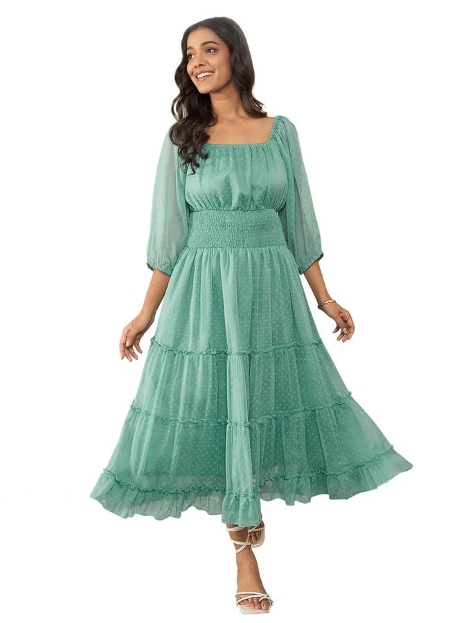StyleStone  Stylestone Green Smocked Detail Balloon Sleeve Tiered Midi Dress for Women | Best Price UAE