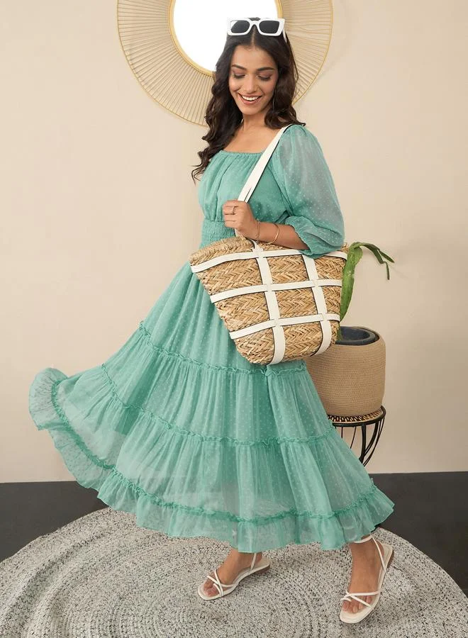 StyleStone  Stylestone Green Smocked Detail Balloon Sleeve Tiered Midi Dress for Women | Best Price UAE