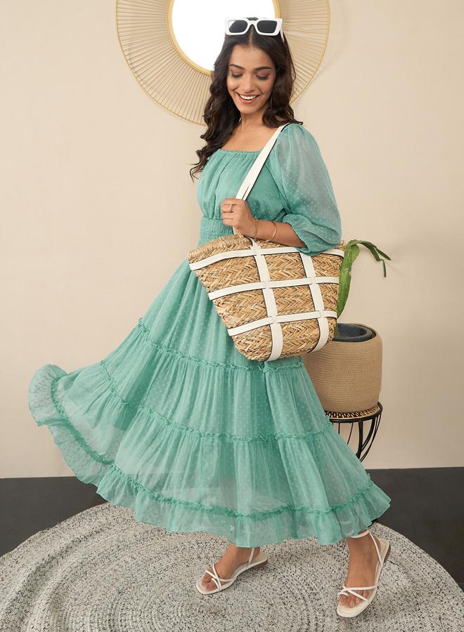 ستايل ستون فستان ميدي بأكمام بالون وتفاصيل كسرات - Image 5