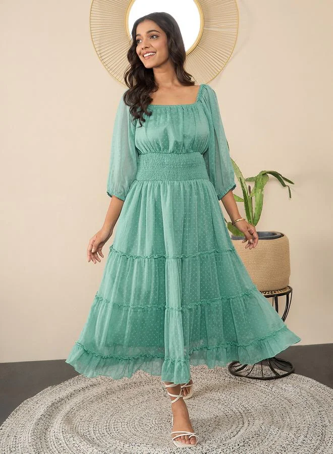 StyleStone Stylestone Green Smocked Detail Balloon Sleeve Tiered Midi Dress